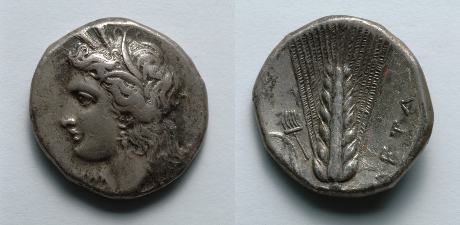 Greek stater with the head of Demeter and barley