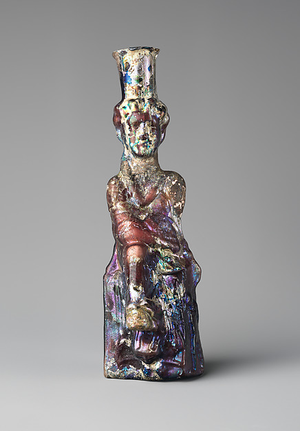 Roman glass bottle in the form of Tyche, Good Fortune